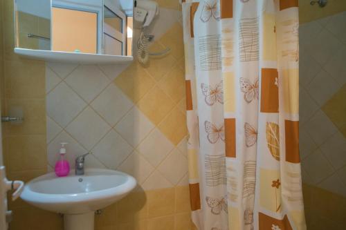 卡托劳塔翁阿维奇公寓的浴室设有水槽和带蝴蝶的浴帘