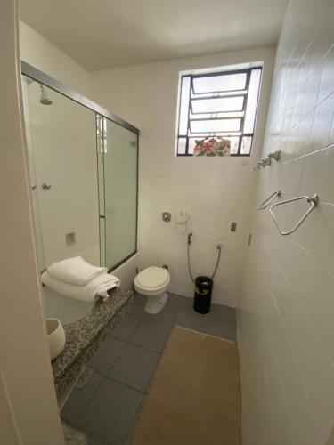 里约热内卢Vista pro verde的一间带卫生间和玻璃淋浴间的浴室
