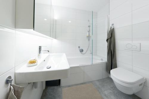 达米尔斯Landhaus Bergpanorama TOP 7的白色的浴室设有水槽和卫生间。
