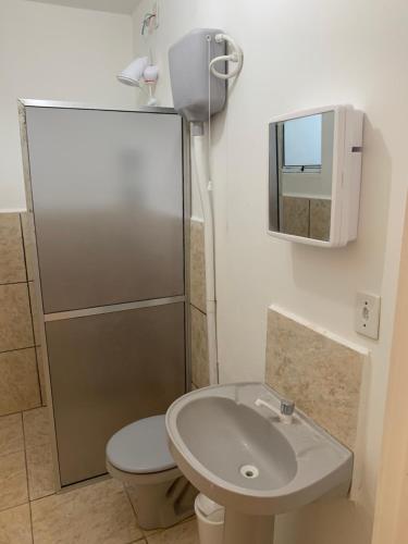 南圣洛伦索Ap beira da Praia das Ondinas的一间带卫生间、水槽和镜子的浴室
