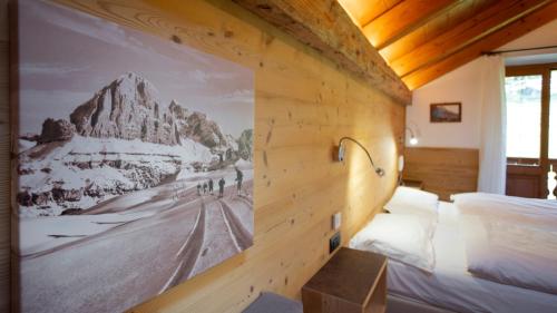 科尔蒂纳丹佩佐白塔弗莱那住宿加早餐旅馆的卧室的墙上挂着山的照片
