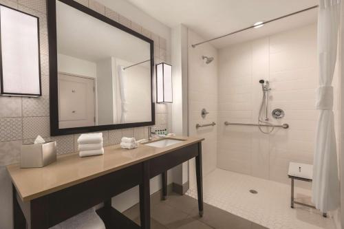 拉伯克Country Inn & Suites by Radisson, Lubbock Southwest, TX的一间带水槽、镜子和淋浴的浴室