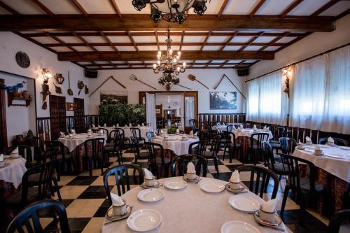 普韦布拉桑纳比亚佩拉莱斯酒店的一间带桌椅和吊灯的用餐室