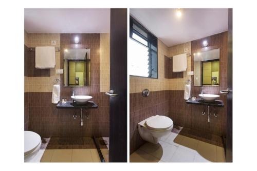 罗纳瓦拉Dean Villa的浴室的两张照片,配有卫生间和水槽