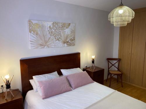卡斯铁略－德哈卡Fantástico Apartamento con jardín en Castiello de Jaca的一间卧室配有一张带两个粉红色枕头的床