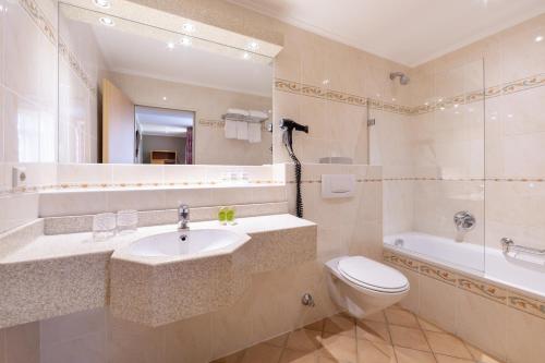卢森堡Hotel Perrin - former Carlton的浴室配有盥洗盆、卫生间和浴缸。