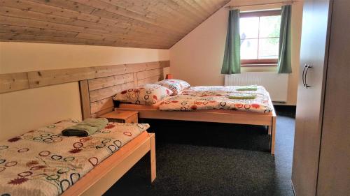 坦瓦尔德Apartmány Sára的一间卧室设有两张床和窗户。