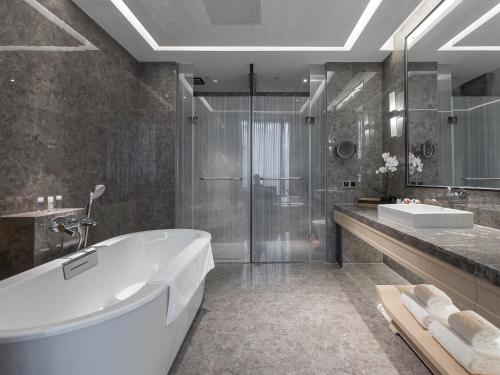 重庆重庆丽苑维景国际大酒店的带浴缸、淋浴和盥洗盆的浴室