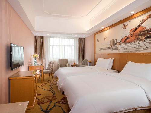 百色维也纳酒店 (田阳古城高铁站店)的酒店客房设有两张床和电视。