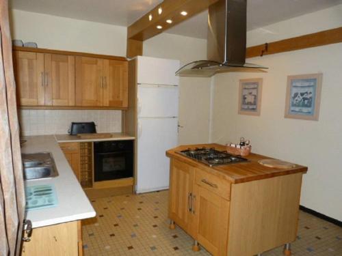 BiasEntre Terre et Mer的厨房配有白色冰箱和木制橱柜。