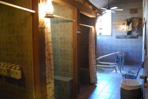 六月湖双头鹰度假酒店及Spa的带淋浴和卫生间的浴室。