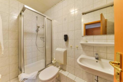 Kirchhain黑森州霍夫酒店的浴室配有卫生间、淋浴和盥洗盆。