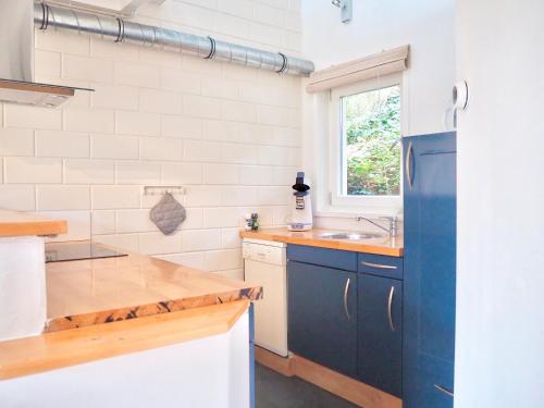 奥德多普Studio bij Zee的厨房配有蓝色冰箱和水槽