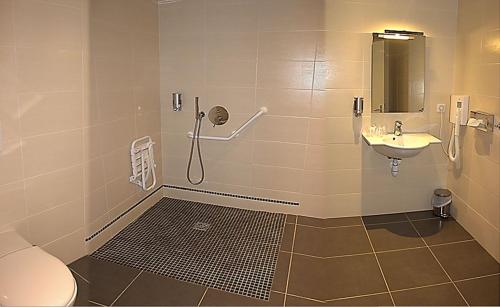 Saint-Dalmas-de-Tende勒普莱勒酒店的带淋浴、卫生间和盥洗盆的浴室