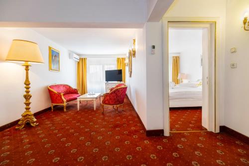 阿尔巴尤利亚Hotel Cetate的酒店客房带一张床、一张桌子和椅子