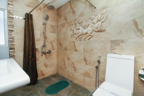 卡图纳耶克Sasha Transit Hotel的带淋浴、卫生间和盥洗盆的浴室