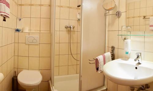 美因河畔法兰克福Hotel Aurelia的带淋浴、盥洗盆和卫生间的浴室