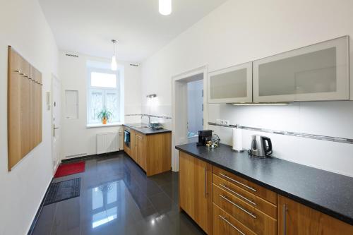 维也纳施塔特哈勒 - 家庭城市公寓的厨房配有木制橱柜和黑色台面