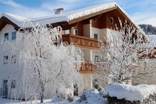 弗拉绍Wawies Apartments的前面有雪覆盖的树木的建筑