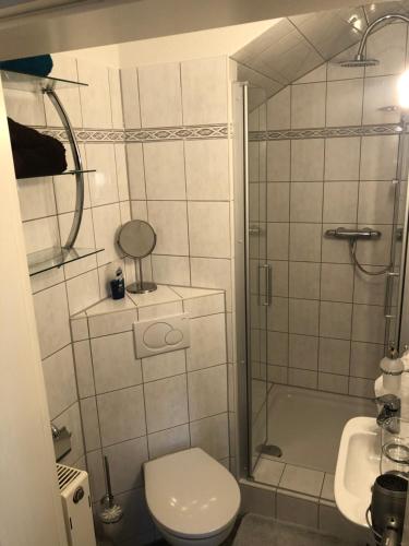 哥达Liebetrau Apartment的带淋浴、卫生间和盥洗盆的浴室