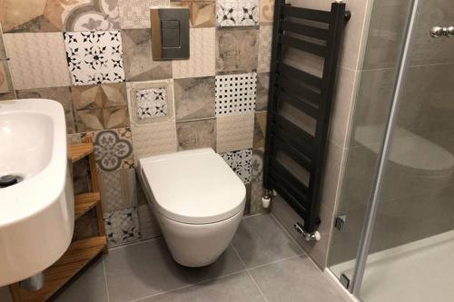 克罗奇琴科Piękny apartament w Pieninach的浴室配有卫生间、盥洗盆和淋浴。