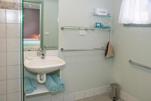 库克敦Gecko Guest House的一间带水槽和淋浴的浴室