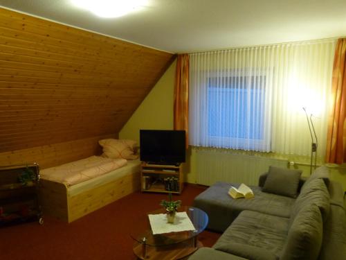 施马伦贝格豪斯沃尔德-埃克旅馆的带沙发和电视的客厅