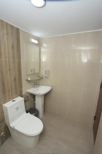 达卡Hotel Blue Castle的浴室配有白色卫生间和盥洗盆。