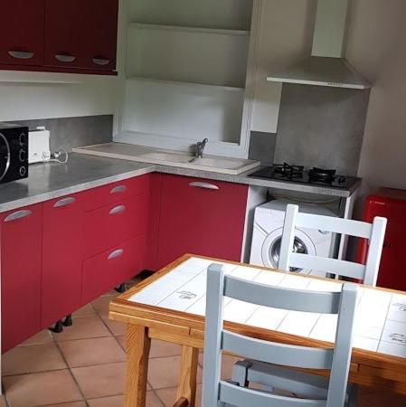 阿斯帕朗maison xemartea的厨房配有红色橱柜和桌椅