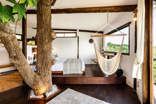 今归仁村Tree-house Hotel Morinosubako的一间卧室配有吊床和一棵树