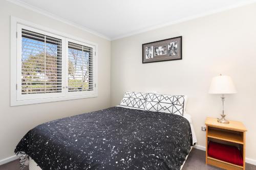 芒特甘比尔City One Apartment的一间卧室设有一张黑色的床和一个窗户。