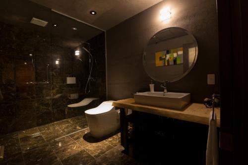 白马村莎士比亚酒店的一间带水槽、卫生间和镜子的浴室