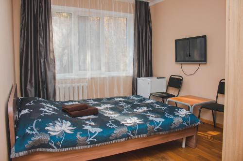 阿拉木图塔哈尔酒店的一间卧室设有一张床、一台电视和一个窗口。