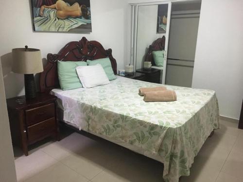 蓬塔卡纳ARCOIRIS SHARE APARTMENT BAVARO PUNTA CANA的一间卧室配有一张床,床上有毛巾