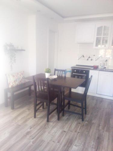 多瑙新城Rozinka apartman的一间厨房,里面配有桌椅