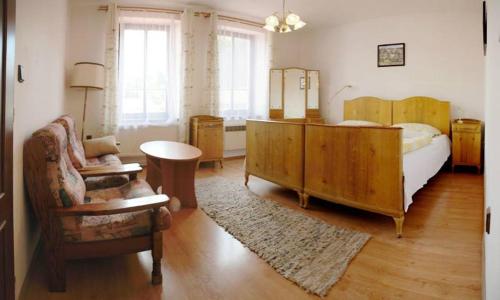 利托米什尔Penzion Holland的卧室配有1张床、1张桌子和1把椅子
