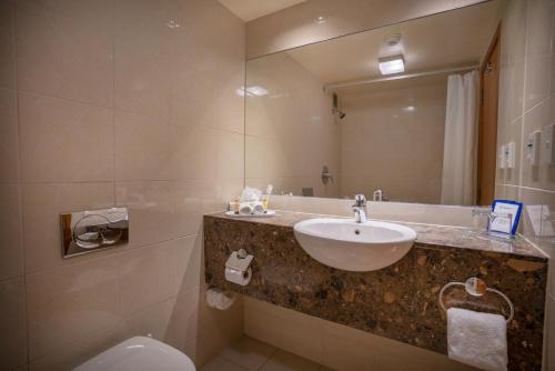 蒂阿瑙金斯盖特酒店的一间带水槽、卫生间和镜子的浴室