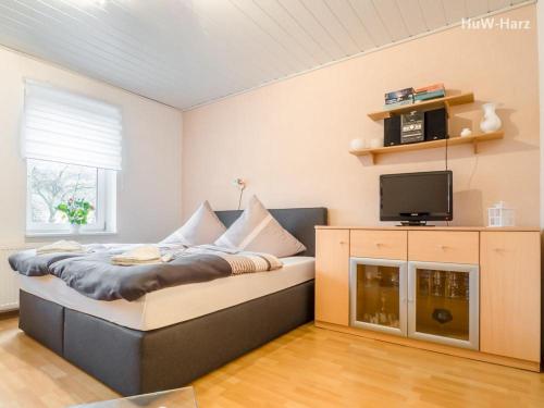 韦尼格罗德Ruhiges Apartment am Waldrand mit Schlossblick的一间卧室配有一张床,其中配有电视