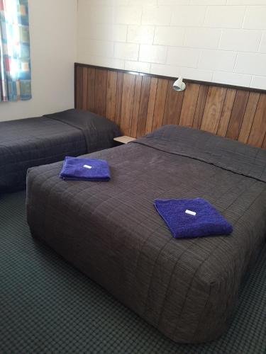Foxtoncastletown motel的客房内的两张床,配有紫色枕头