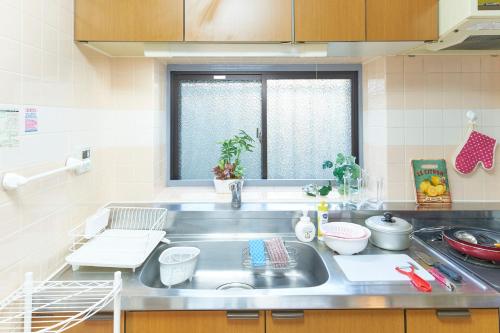 东京ESPERANZA103 広い綺麗快適高速WiFi的厨房设有水槽和窗户。
