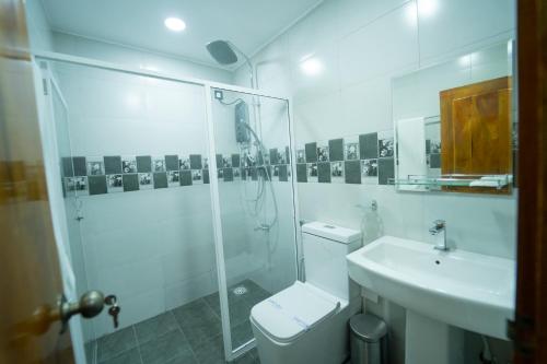 亭可马里Havana Club Resort的带淋浴、卫生间和盥洗盆的浴室