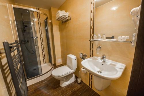 利普托斯基米库拉斯Hotel Europa的浴室配有卫生间、盥洗盆和淋浴。