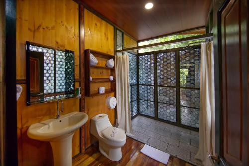 福尔图纳Hotel Heliconias Nature Inn & Hot Springs的一间带水槽和卫生间的浴室以及窗户。