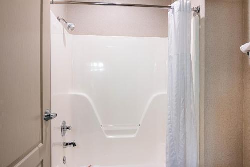 CamdenComfort Inn Camden的带淋浴的浴室配有白色的浴帘