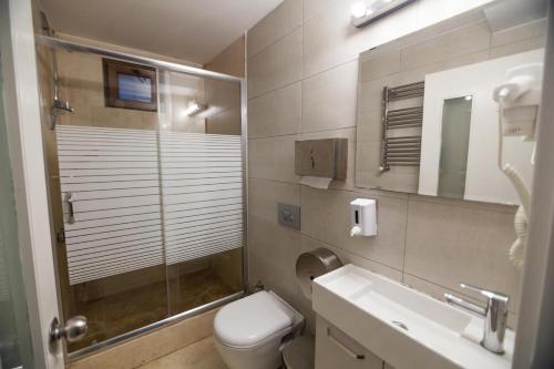 特拉布洛斯City Hostel Dormitory的带淋浴、卫生间和盥洗盆的浴室