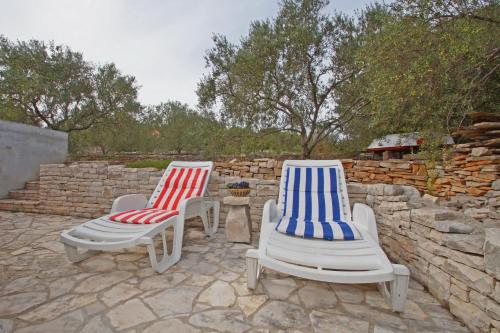 尼亚卢卡Vacation House Planika的两把椅子和美洲国旗,坐在庭院