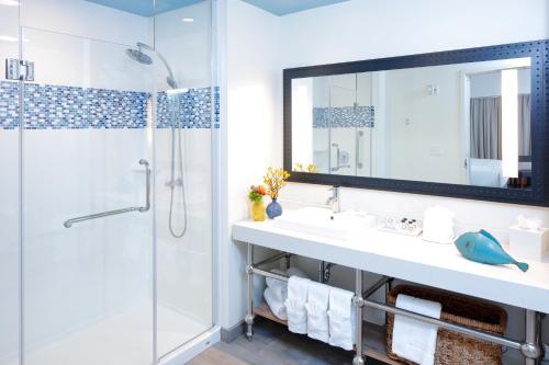 格尔夫海岸Hotel Indigo Orange Beach - Gulf Shores, an IHG Hotel的一间带水槽、淋浴和镜子的浴室