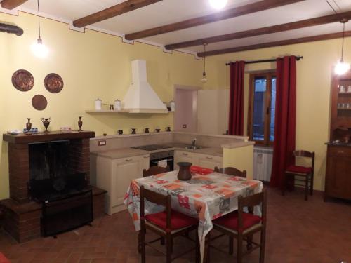 皮蒂利亚诺Relax nel tufo的厨房配有桌子和壁炉。