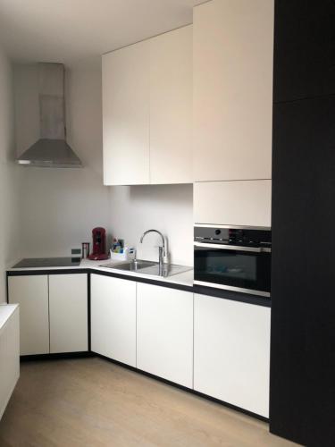 登德尔蒙德Molenstraat的白色的厨房配有白色橱柜和水槽