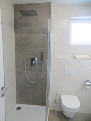 萨尔茨堡City Apartment Amadeus的带淋浴、卫生间和盥洗盆的浴室